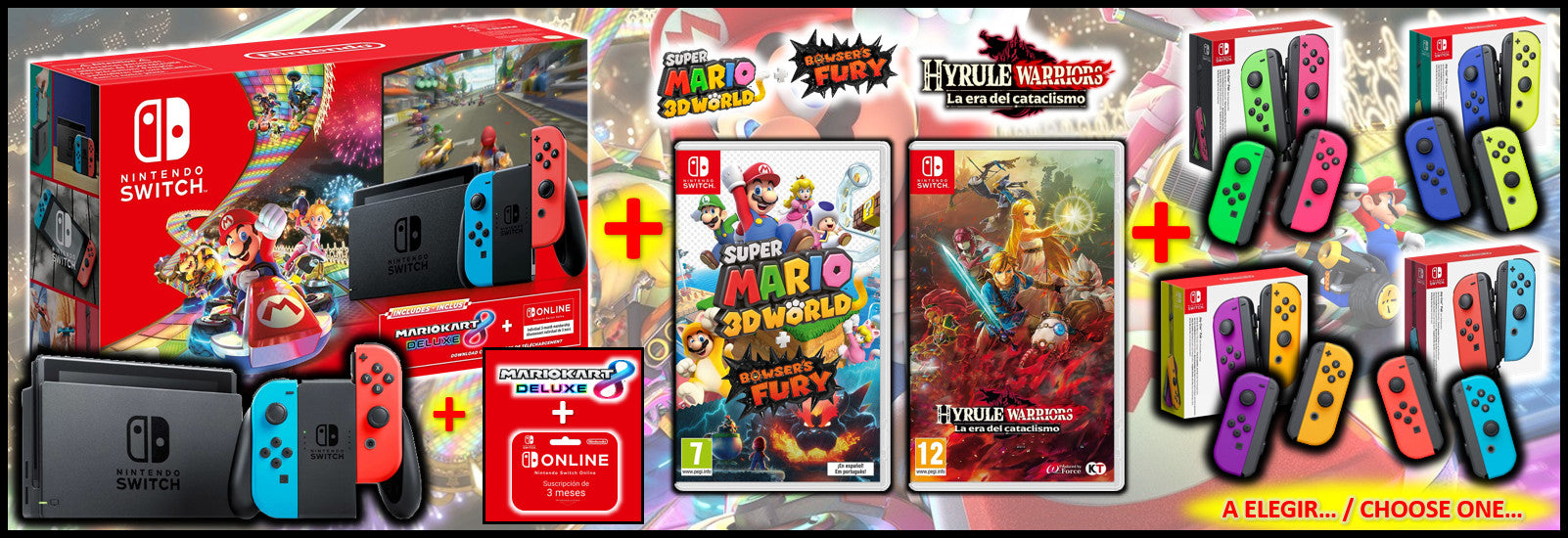 NINTENDO SWITCH - Neon Blue/Red - Mario Kart 8 Deluxe (Digital) + 3 Meses Nintendo Switch Online + 2 Juegos + Joy-Con
