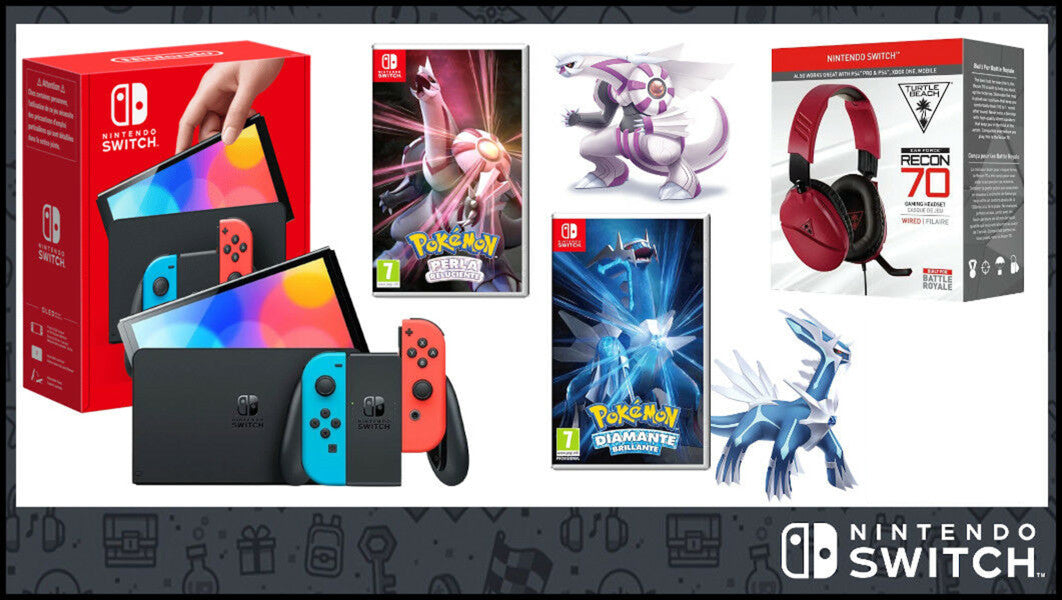 NINTENDO SWITCH - OLED - Azul Neón/Rojo Neón - Edición Pokémon Perla Brillante + Pokémon Diamante Reluciente - 1 Accesorio