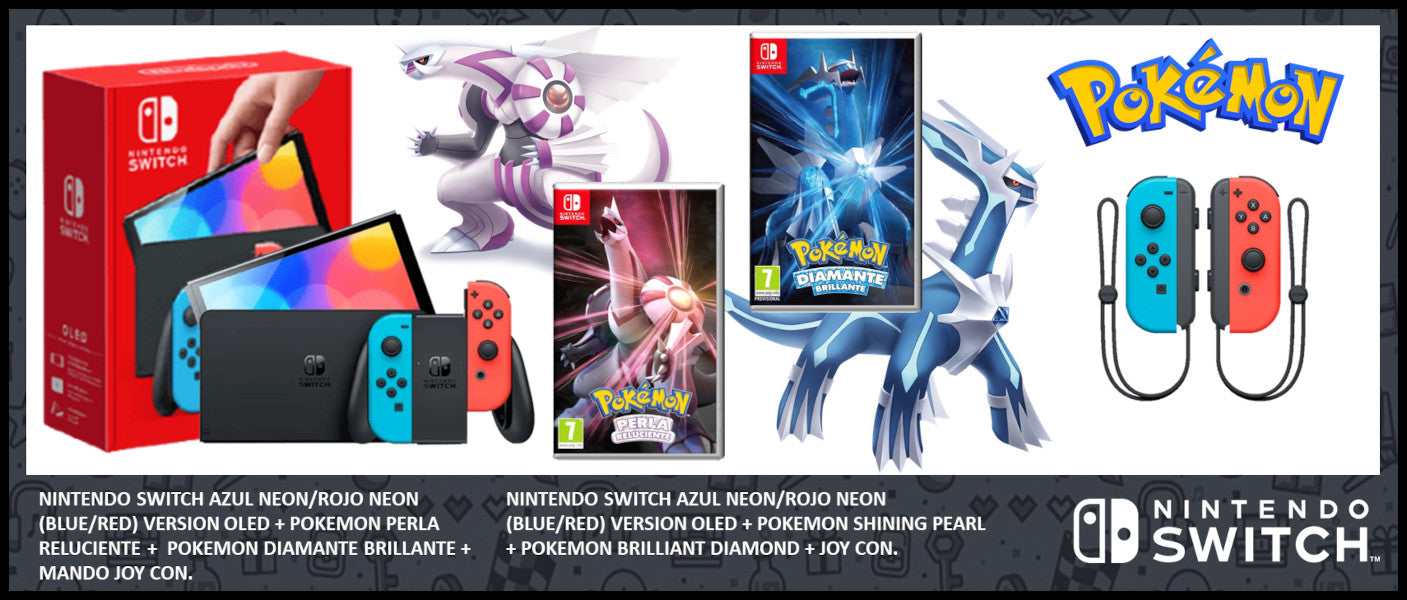 NINTENDO SWITCH - OLED - Azul Neón/Rojo Neón - Edición Pokémon Perla Brillante + Pokémon Diamante Brillante - Mando Joy-Con